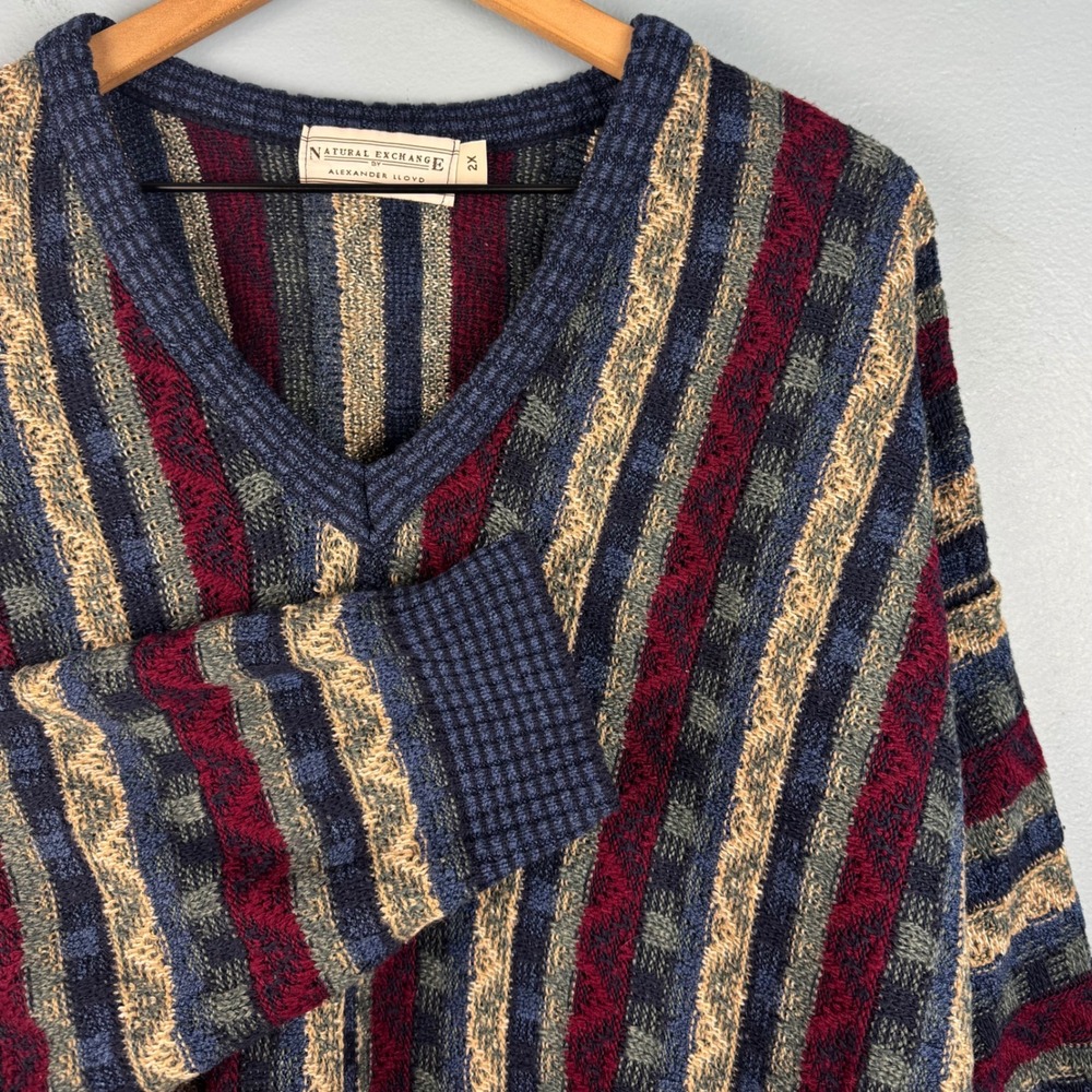VTG Natural Exchange Alexander Lloyd Mens 2XL V-Neck Striped Cosby Sweater USA‎